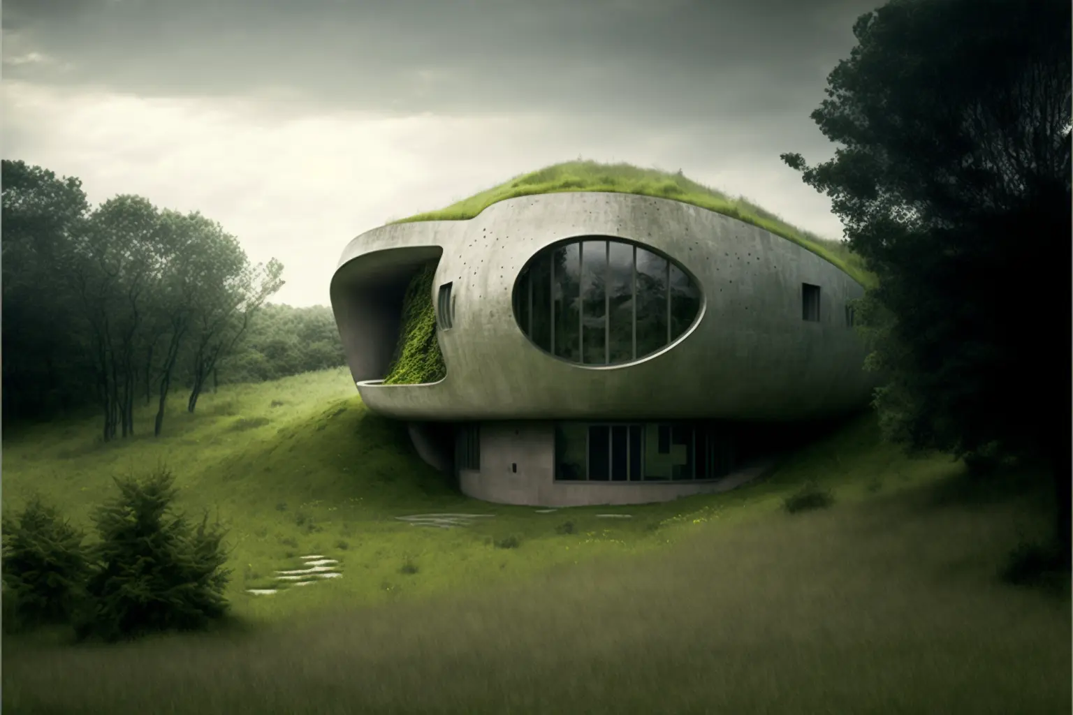 organic house embedded into a grassy hill, designed by Louis Kahn, architectural photography, style of archillect, futurism, modernist architecture